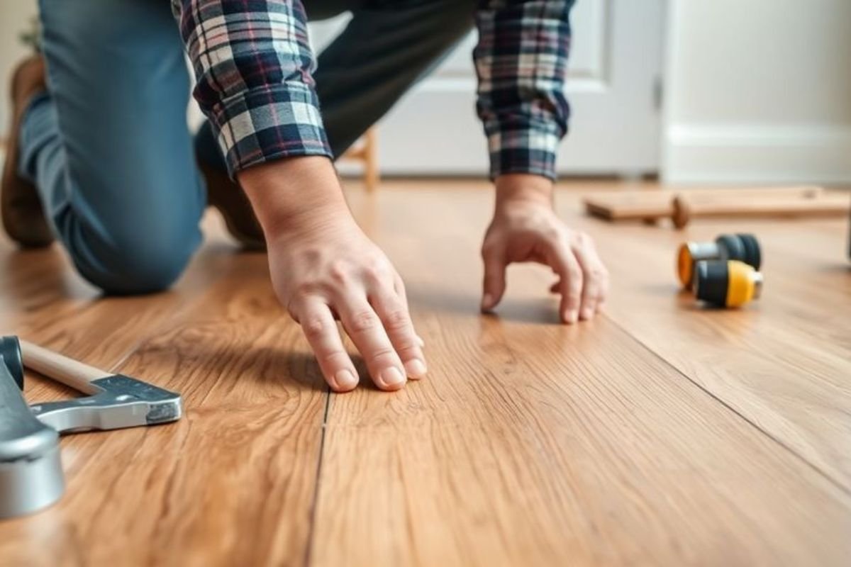 A man using tools to install wooden flooring, showcasing a professional flooring service in action.